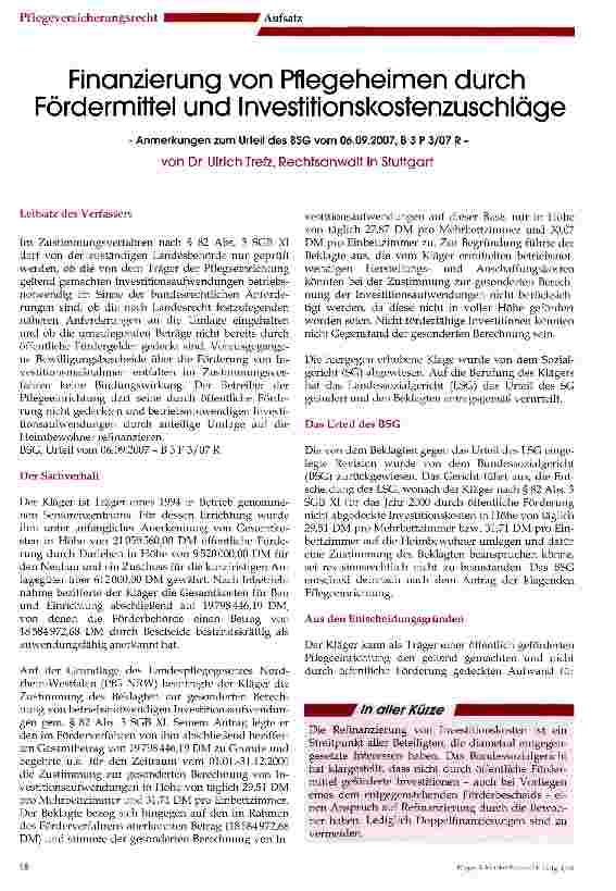 Vorschauseite 1: Finanzierung von Pflegeheimen durch Fördermittel und Investitionskostenzuschläge