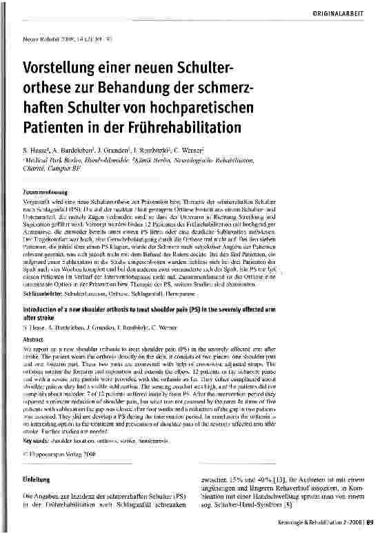 Vorschauseite 1: Vorstellung einer neuen Schulterorthese zur Behandung der schmerzhaften Schulter von hochparetischen Patienten in der Frührehabilitation