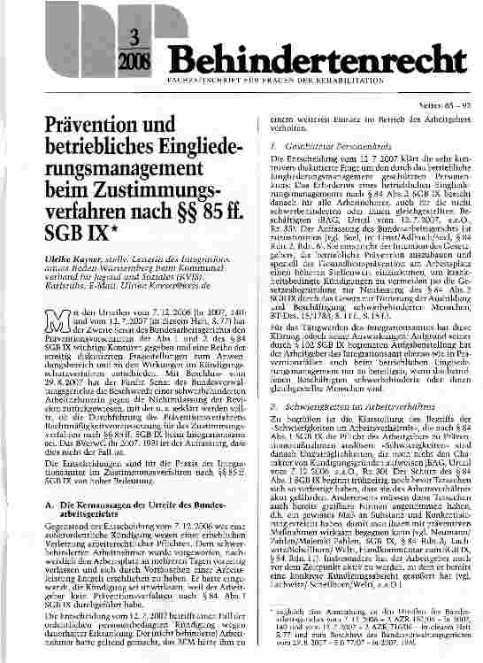 Vorschauseite 1: Prävention und betriebliches Eingliederungsmanagement beim Zustimmungs-verfahren nach §§ 85 ff. SGBIX