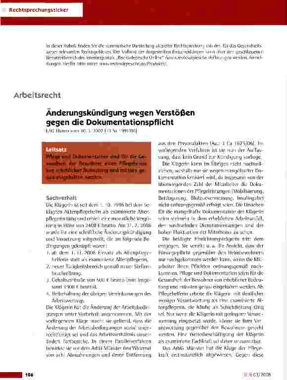 Vorschauseite 1: Änderungskündigung wegen Verstößen gegen die Dokumentationspflicht