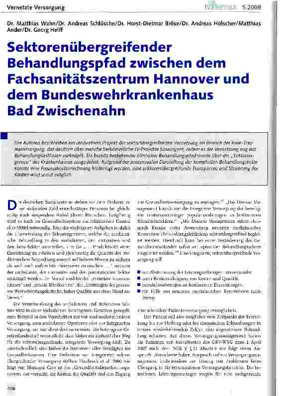 Vorschauseite 1: Sektorenübergreifender Behandlungspfad zwischen dem Fachsanitätszentrum Hannover und dem Bundeswehrkrankenhaus Bad Zwischenahn