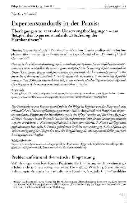 Vorschauseite 1: Expertenstandards in der Praxis: Überlegungen zu zentralen Umsetzungsbedingungen — am Beispiel des Expertenstandards „Förderung der Harnkontinenz