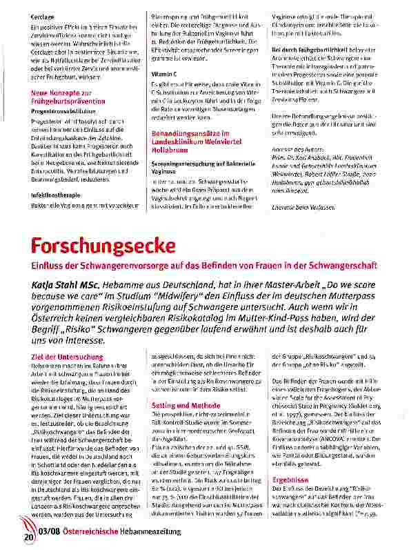 Vorschauseite 1: Forschungsecke Einfluss der Schwangerenvorsorge auf das Befinden von Frauen in der Schwangerschaft