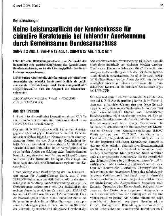 Vorschauseite 1: Keine Leistungspflicht der Krankenkasse für cirkuläre Keratotomie bei fehlender Anerkennung durch Gemeinsamen BundesausschussSGB-V § 2 Abs. 1, SGB-V § 12 Abs. 1, SGB-V § 27 Abs. 1…