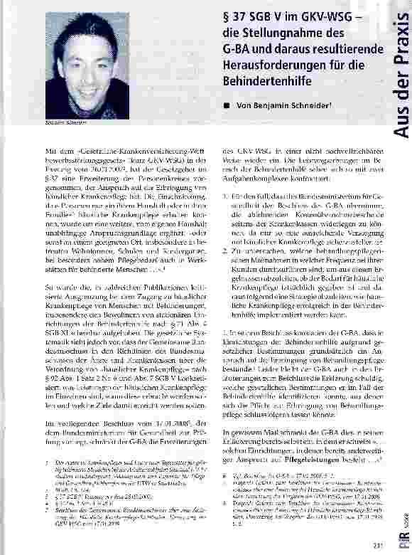 Vorschauseite 1: § 37 SGB V im GKV-WSG -die Stellungnahme des G-BA und daraus resultierende Herausforderungen für die Behindertenhilfe