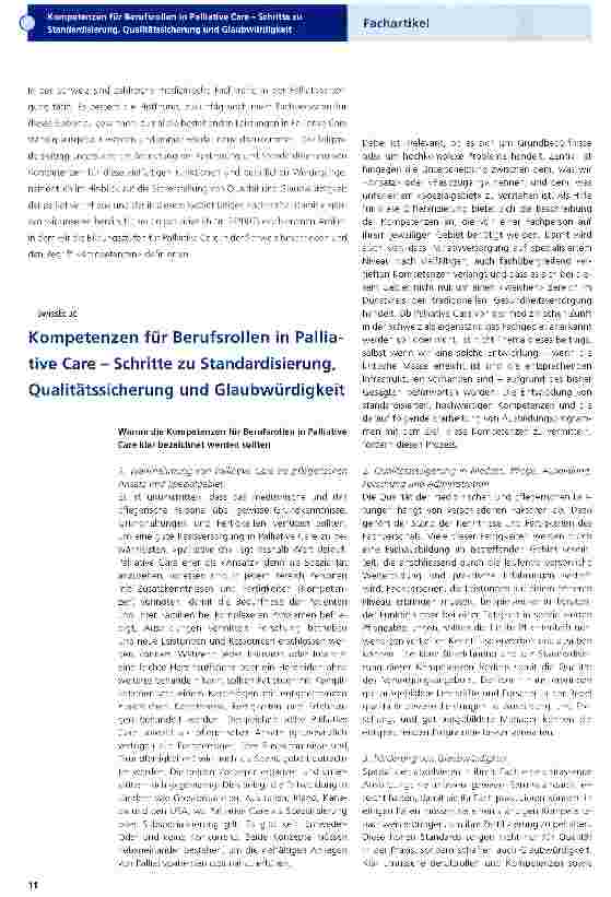 Vorschauseite 1: Kompetenzen für Berufsrollen in Palliative Care - Schritte zu Standardisierung, Qualitätssicherung und Glaubwürdigkeit