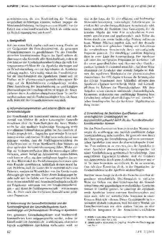 Vorschauseite 2: Das Fremdbesitzverbot für Apotheken im Lichte der Niederlassungs-freiheit gemäß Art. 43 und 48 EG* (Teil 2)