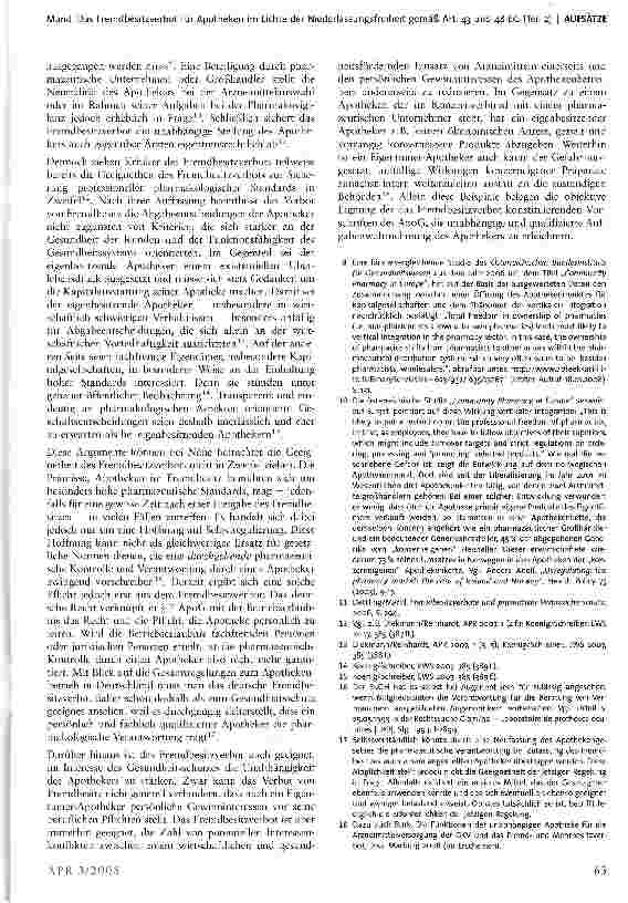 Vorschauseite 3: Das Fremdbesitzverbot für Apotheken im Lichte der Niederlassungs-freiheit gemäß Art. 43 und 48 EG* (Teil 2)