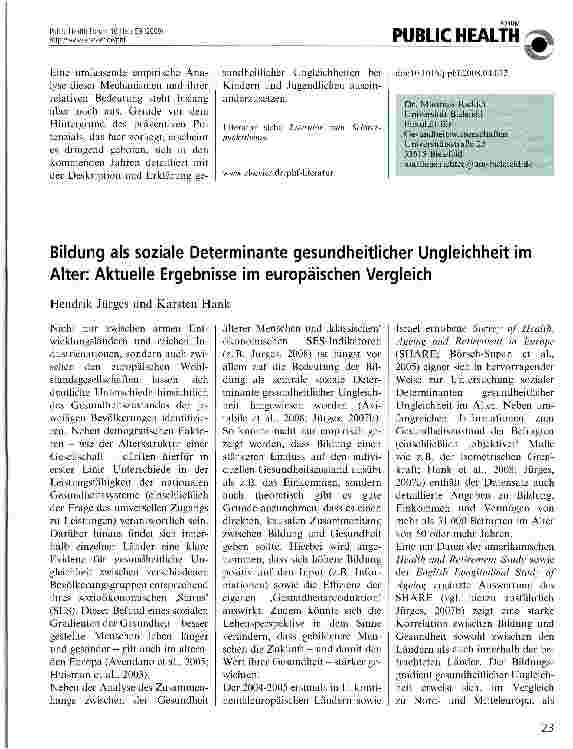 Vorschauseite 1: Bildung als soziale Determinante gesundheitlicher Ungleichheit im Alter: Aktuelle Ergebnisse im europäischen Vergleich