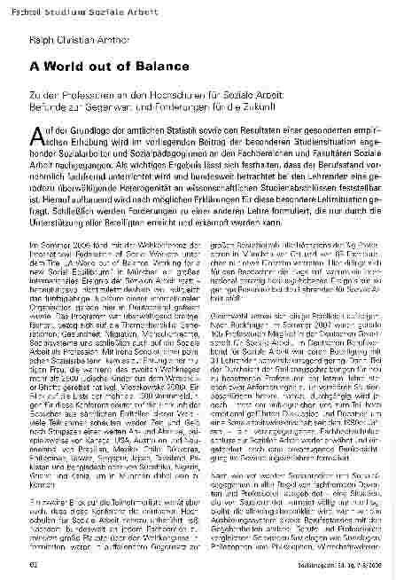 Vorschauseite 1: A World out of Balance. Zu den Professuren an den Hochschulen für Soziale Arbeit: Befunde zur Gegenwart und Forderungen für die Zukunft