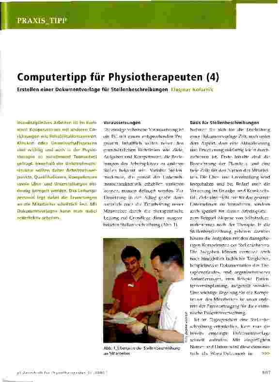 Vorschauseite 1: Computertipp für Physiotherapeuten (4) Erstellen einer Dokumentvorlage für Stellenbeschreibungen