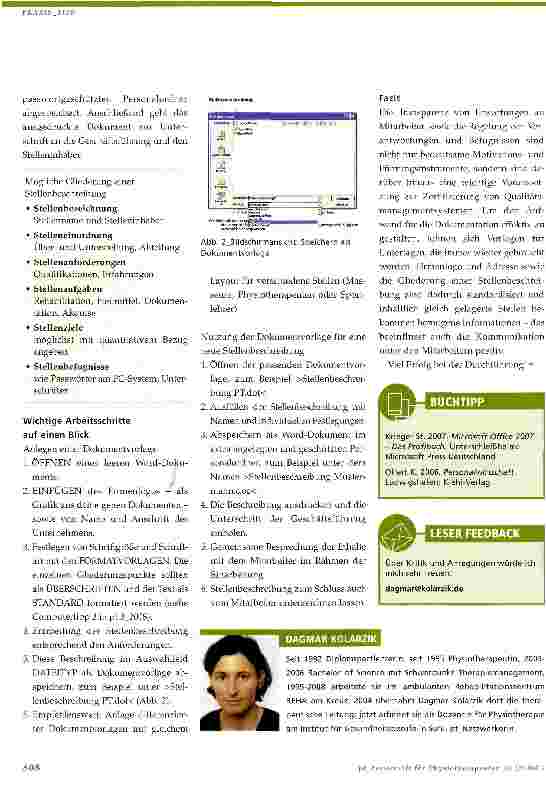 Vorschauseite 2: Computertipp für Physiotherapeuten (4) Erstellen einer Dokumentvorlage für Stellenbeschreibungen