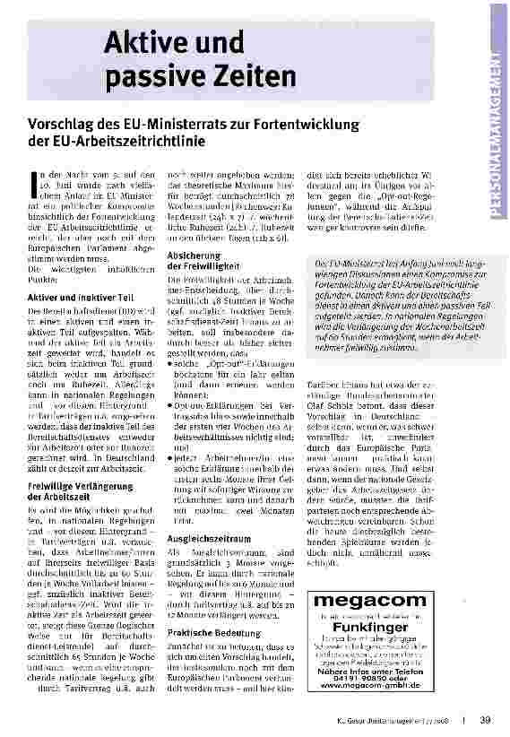 Vorschauseite 1: Aktive und passive Zeiten. Vorschlag des EU-Ministerrats zur Fortentwicklung der EU-Arbeitszeitrichtlinie