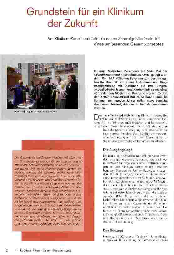 Vorschauseite 1: Grundstein für ein Klinikum der Zukunft Am Klinikum Kassel entsteht ein neues Zentralgebäude als Teil eines umfassenden Gesamtkonzeptes