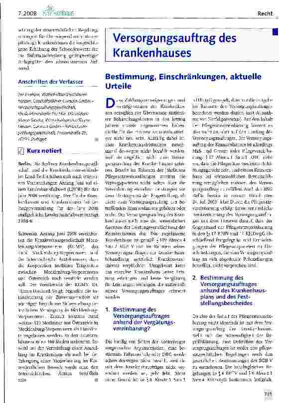 Vorschauseite 1: Versorgungsauftrag des Krankenhauses: Bestimmung, Einschränkungen, aktuelle Urteile