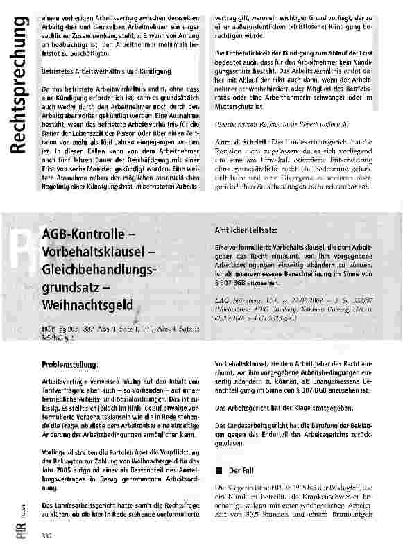 Vorschauseite 1: AGB-Kontrolle-Vorbehaltsklausel -Gleichbehandlungsgrundsatz -Weihnachtsgeld
