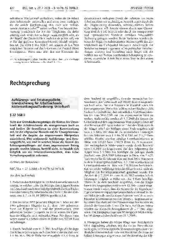 Vorschauseite 1: Aufklärungsund Beratungspflicht; Grundsicherung für Arbeitsuchende; Kostensenkungsaufforderung; Unterkunft