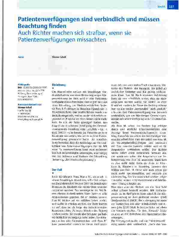 Vorschauseite 1: Patientenverfügungen sind verbindlich und müssen Beachtung findenAuch Richter machen sich strafbar, wenn sie Patientenverfügungen missachten