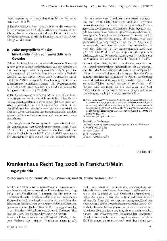 Vorschauseite 1: Krankenhaus Recht Tag 2008 in Frankfurt/MainTagungsbericht