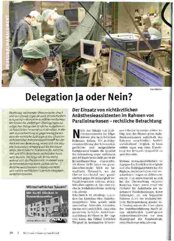 Vorschauseite 1: Delegation Ja oder Nein? Der Einsatz von nichtärztlichen Anästhesieassistenten im Rahmen von Parallelnarkosen - rechtliche Betrachtung
