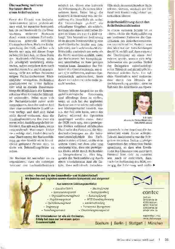 Vorschauseite 2: Delegation Ja oder Nein? Der Einsatz von nichtärztlichen Anästhesieassistenten im Rahmen von Parallelnarkosen - rechtliche Betrachtung
