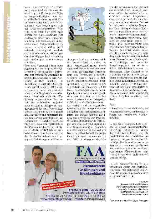 Vorschauseite 3: Delegation Ja oder Nein? Der Einsatz von nichtärztlichen Anästhesieassistenten im Rahmen von Parallelnarkosen - rechtliche Betrachtung