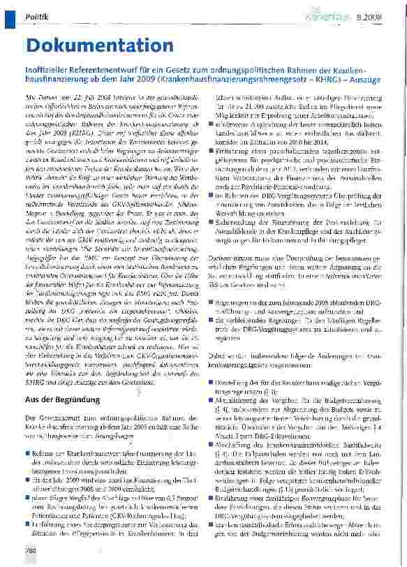 Vorschauseite 1: DokumentationInoffizieller Referentenentwurf für ein Gesetz zum ordnungspolitischen Rahmen der Krankenhausfinanzierung ab dem Jahr 2009 (Krankenhausfinanzierungsrahmengesetz - KHR…