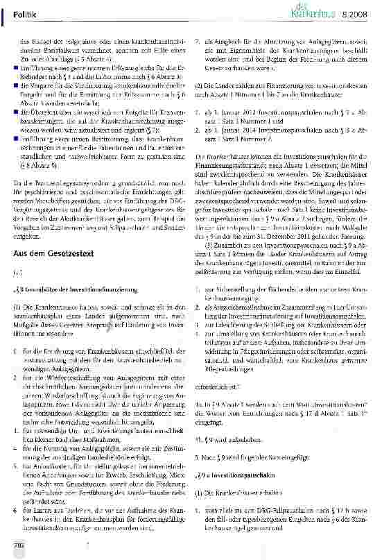 Vorschauseite 2: DokumentationInoffizieller Referentenentwurf für ein Gesetz zum ordnungspolitischen Rahmen der Krankenhausfinanzierung ab dem Jahr 2009 (Krankenhausfinanzierungsrahmengesetz - KHR…