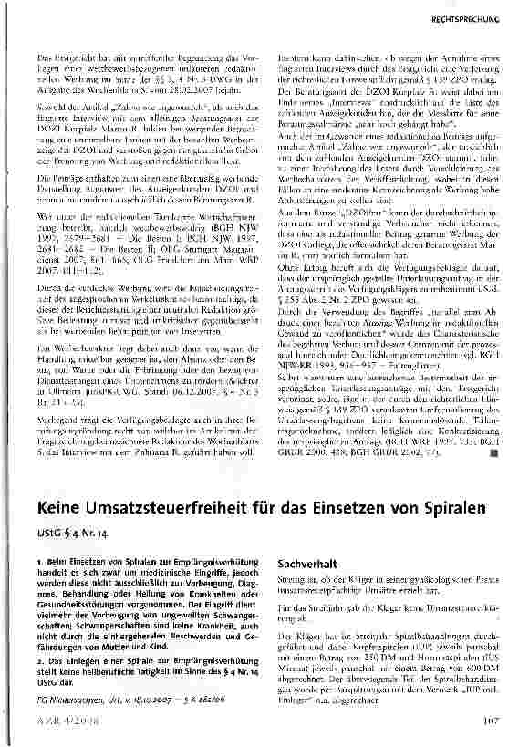 Vorschauseite 1: Keine Umsatzsteuerfreiheit für das Einsetzen von Spiralen