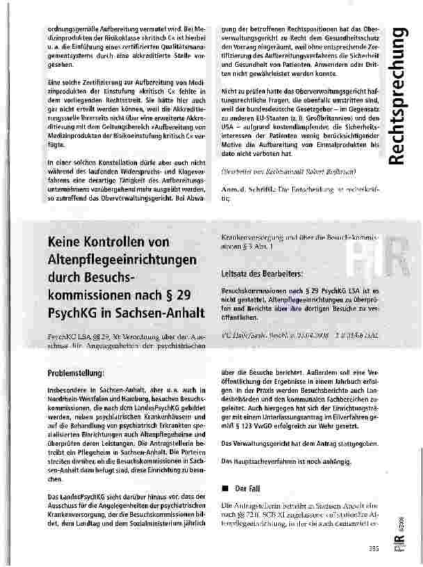 Vorschauseite 1: Keine Kontrollen von Altenpflegeeinrichtungen durch Besuchskommissionen nach § 29 PsychKG in Sachsen-Anhalt
