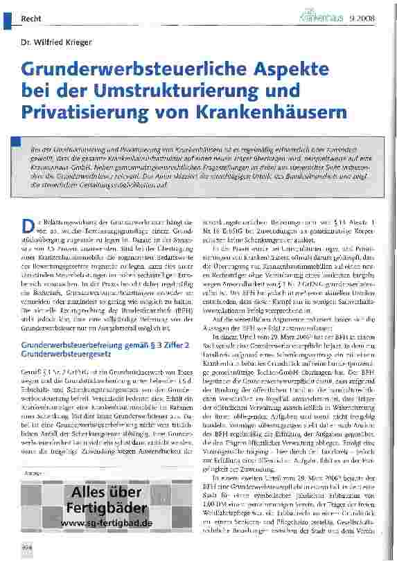 Vorschauseite 1: Grunderwerbsteuerliche Aspekte bei der Umstrukturierung und Privatisierung von Krankenhäusern