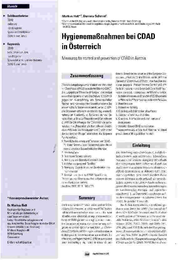 Vorschauseite 1: Hygienemaßnahmen bei CDAD in Osterreich