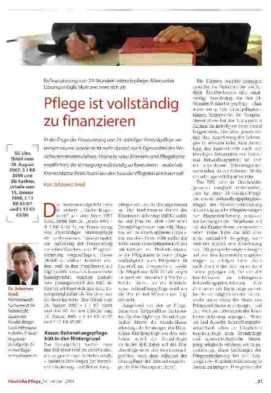 Vorschauseite 1: Refinanzierung von 24-Stunden-lntensivpflege: Alternative Lösungsmöglichkeit zeichnet sich abPflege ist vollständig zu finanzieren