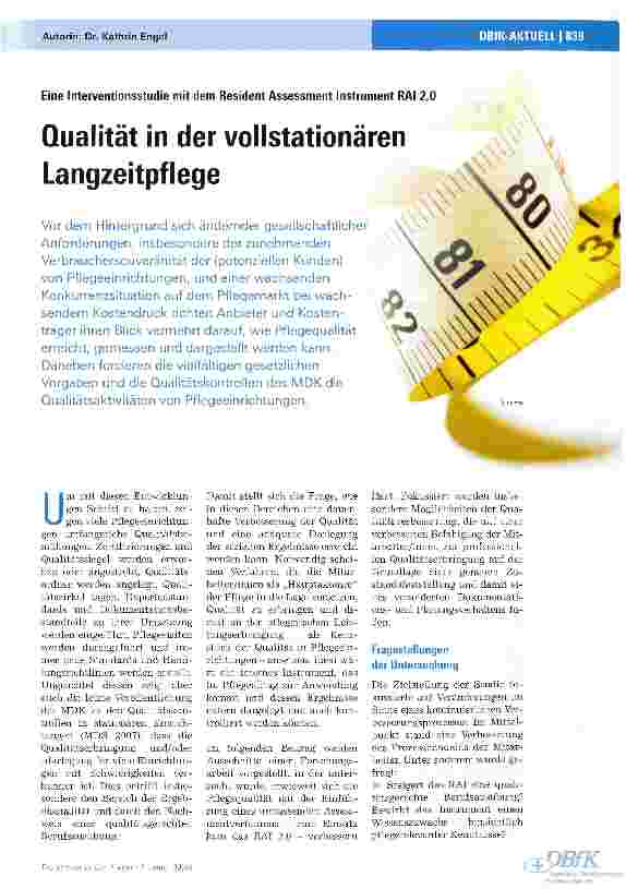 Vorschauseite 1: Eine Interventionsstudie mit dem Resident Assessment Instrument RAI 2,0Qualität in der vollstationären Langzeitpflege