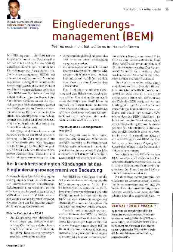 Vorschauseite 1: Eingliederungs-management (BEM)Wer es noch nicht hat, sollte es im Haus einführen