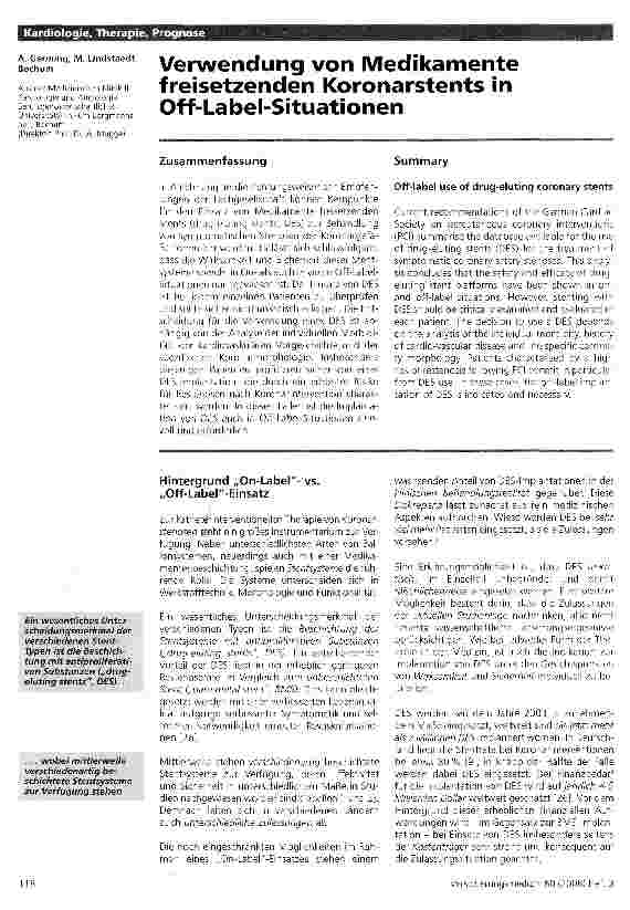 Vorschauseite 1: Verwendung von Medikamente freisetzenden Koronarstents in Off-Label-Situationen