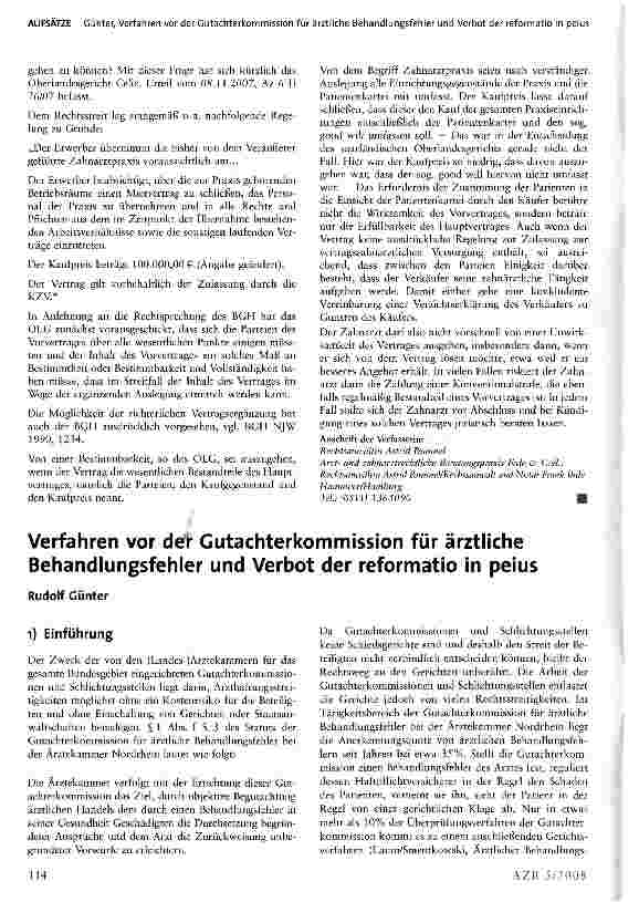 Vorschauseite 1: Verfahren vor der Gutachterkommission für ärztliche Behandlungsfehler und Verbot der reformatio in peius