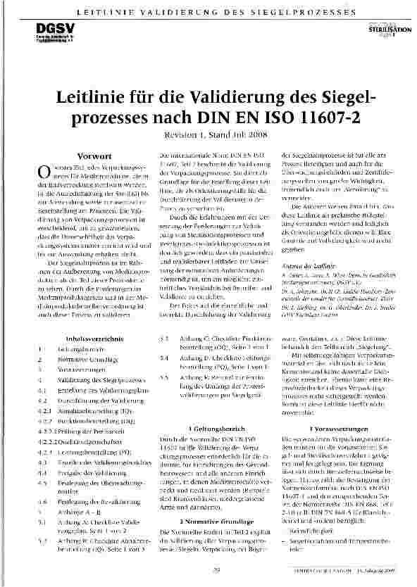 Vorschauseite 1: Leitlinie für die Validierung des Siegelprozesses nach DIN EN ISO 11607-2 Revision 1, Stand Juli 2008