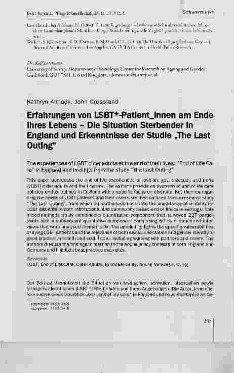 Vorschauseite 1: Erfahrungen von LSBT-Patientinnen am Ende ihres Lebens Die Situation Sterbender in England und Erkenntnisse der Studie „The Last Outing“