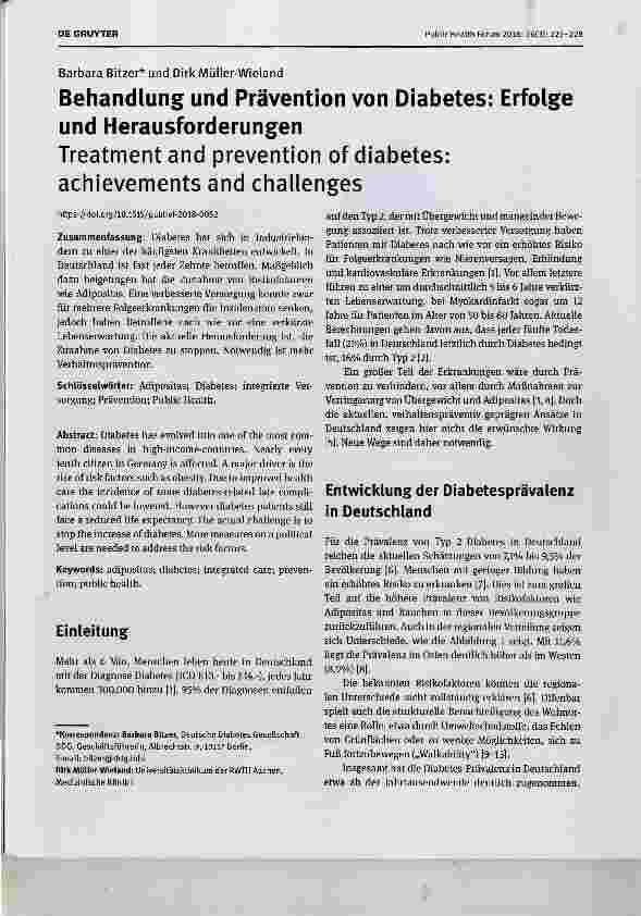 Vorschauseite 1: Behandlung und Prävention von Diabetes: Erfolge und Herausforderungen Treatment and prevention of diabetes: achievements and challenges