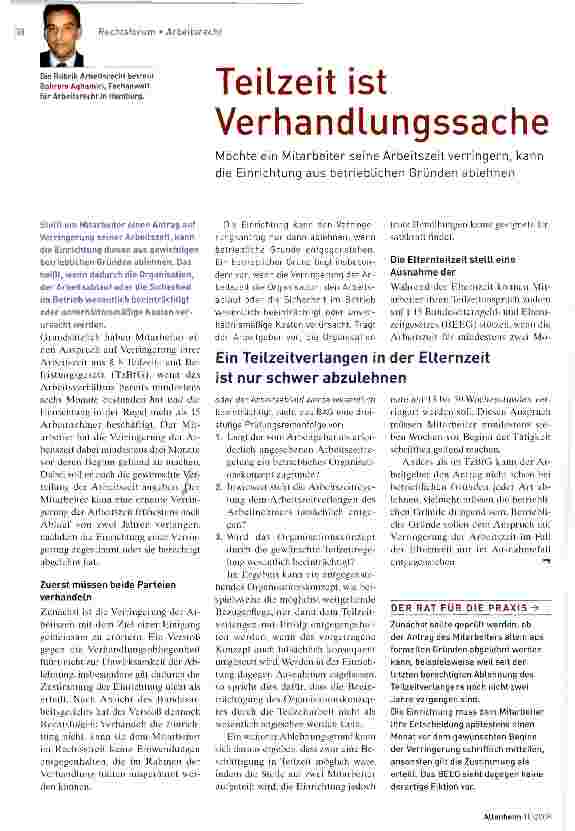 Vorschauseite 1: Teilzeit ist VerhandlungssacheMöchte ein Mitarbeiter seine Arbeitszeit verringern, kann die Einrichtung aus betrieblichen Gründen ablehnen