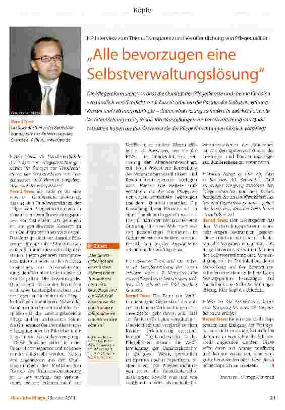 Vorschauseite 1: HP-Interview zum Thema Transparenz und Veröffentlichung von Pflegequalität„Alle bevorzugen eine Selbstverwaltungslösung