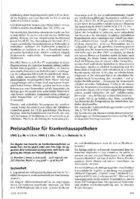 Vorschauseite 1: Preisnachlässe für KrankenhausapothekenUWG § 4 Nr. n i.V.m. HWG § 7 Abs. 1 Nr. 2,1. Halbsatz lit. b