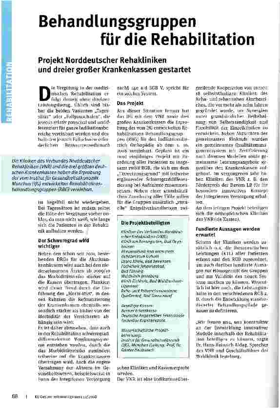 Vorschauseite 1: Behandlungsgruppen für die Rehabilitation Projekt Norddeutscher Rehakliniken und dreier großer Krankenkassen gestartet