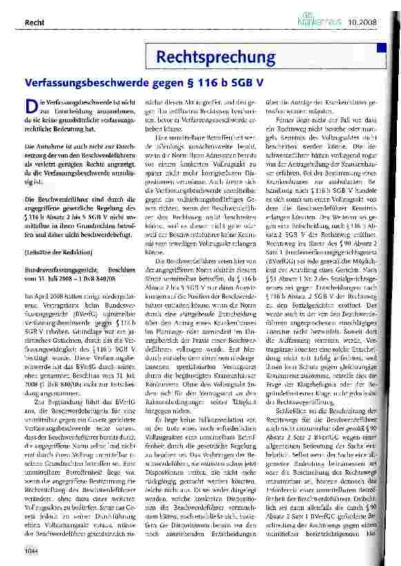 Vorschauseite 1: Verfassungsbeschwerde gegen § 116 b SCB V