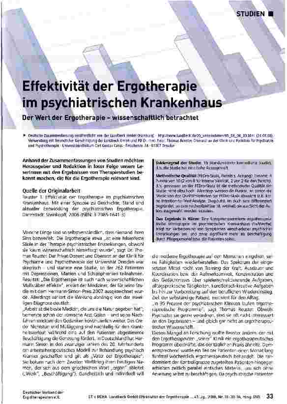 Vorschauseite 1: Effektivität der Ergotherapie im psychiatrischen Krankenhaus Der Wert der Ergotherapie - wissenschaftlich betrachtet