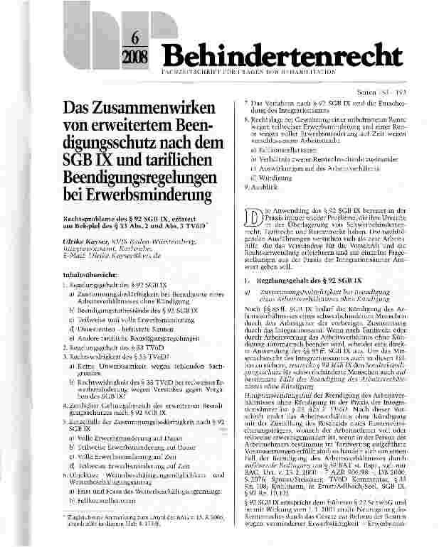 Vorschauseite 1: Das Zusammenwirken von erweitertem Beendigungsschutz nach dem SGBIX und tariflichen Beendigungsregelungen bei Erwerbsminderung Rechtsprobleme des § 92 SGB IX, erörtert am Beispiel…