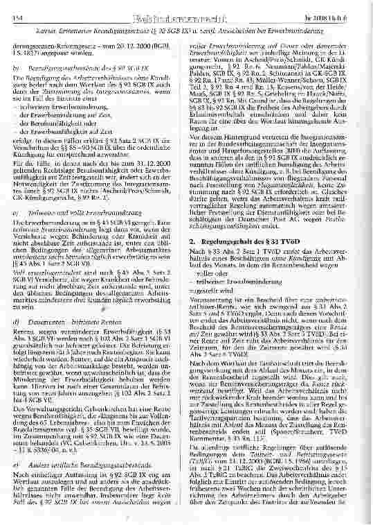 Vorschauseite 2: Das Zusammenwirken von erweitertem Beendigungsschutz nach dem SGBIX und tariflichen Beendigungsregelungen bei Erwerbsminderung Rechtsprobleme des § 92 SGB IX, erörtert am Beispiel…