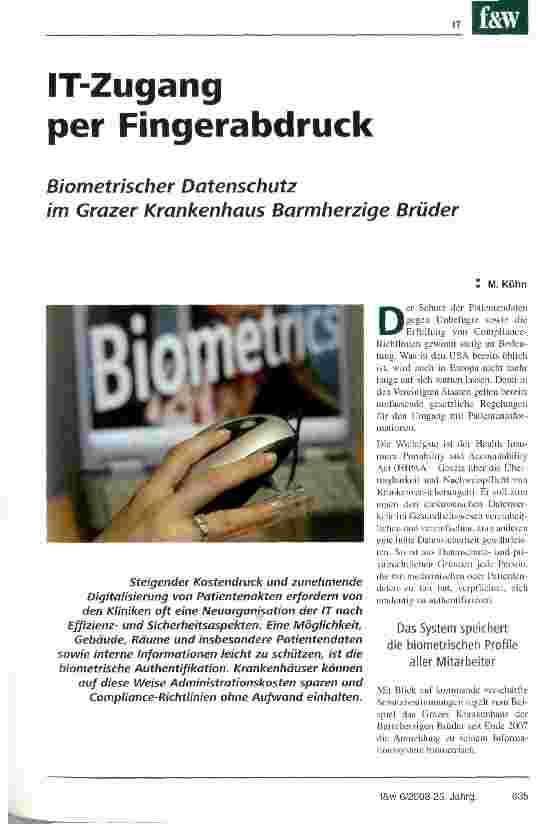 Vorschauseite 1: IT-Zugang per FingerabdruckBiometrischer Datenschutz im Grazer Krankenhaus Barmherzige Brüder