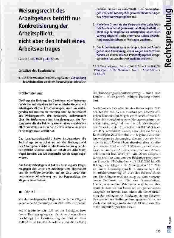 Vorschauseite 1: Weisungsrecht des Arbeitgebers betrifft nur Konkretisierung der Arbeitspflicht nicht aber den Inhalt eines Arbeitsvertrages